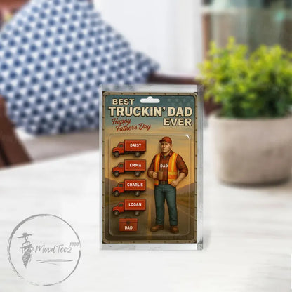 Best Truckin' Dad Ever – Personalized Father's Day Acrylic Block with Kid Names & Trucks, Custom Gift for Trucker Dad from Children