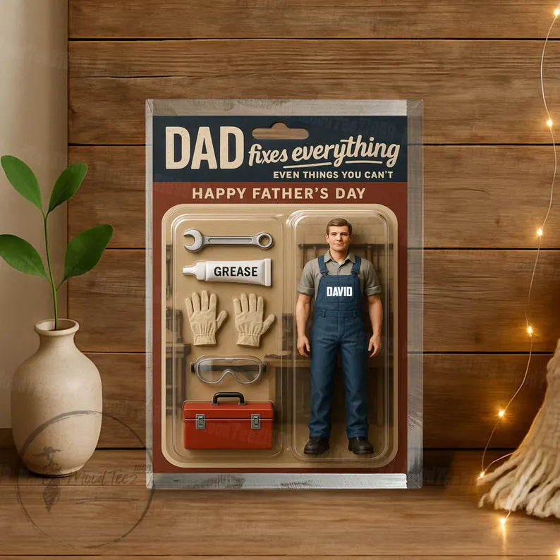 Dad Fixes Everything – Personalized Acrylic Block for Father's Day, Custom Handyman Gift with Dad Name, Toolbox & Repair Tools