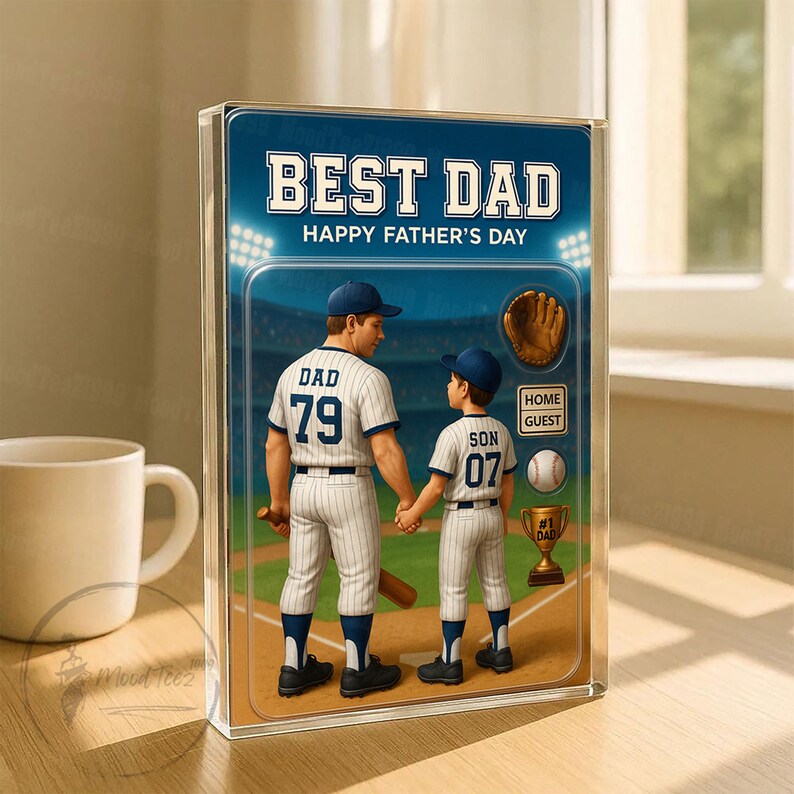 Baseball Dad Grandpa Man & Kids Trading Card Style Personalized Acrylic Block Plaque, Father's Day Gift for Baseball Dad, Husband 01