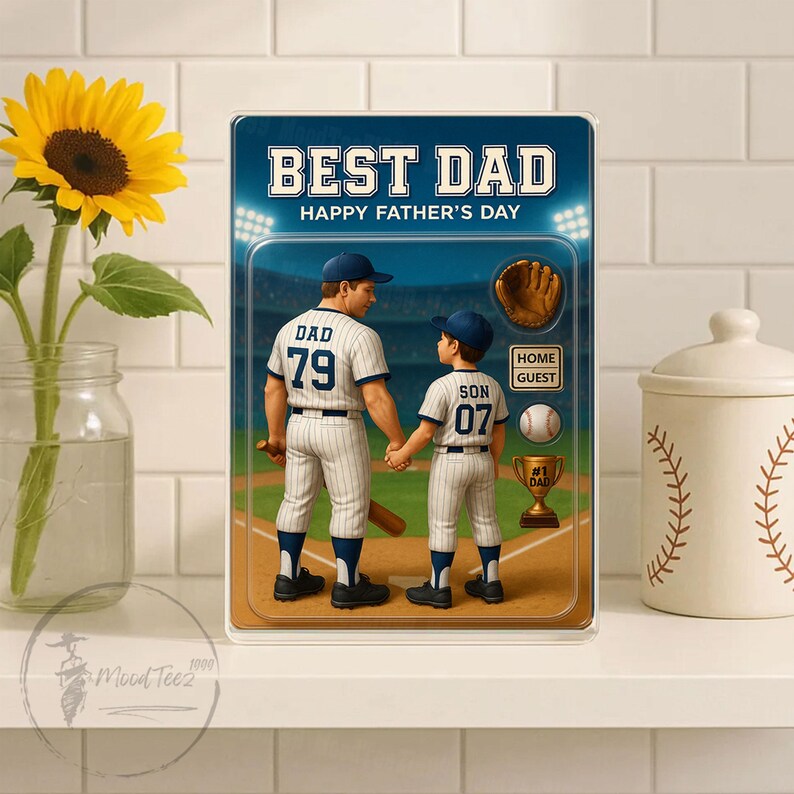Baseball Dad Grandpa Man & Kids Trading Card Style Personalized Acrylic Block Plaque, Father's Day Gift for Baseball Dad, Husband 01