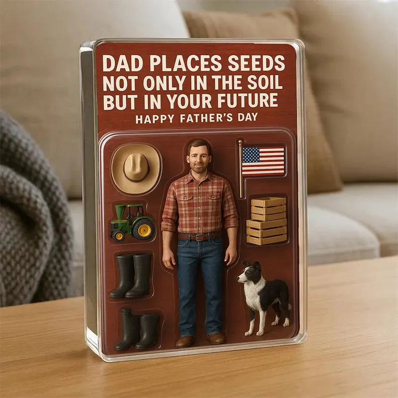 Farmer Dad Acrylic Block Gift – Custom Father’s Day Keepsake with Tractor, Dog, Boots & Hat, Rustic Personalized Gift for Country Dad