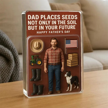Farmer Dad Acrylic Block Gift – Custom Father’s Day Keepsake with Tractor, Dog, Boots & Hat, Rustic Personalized Gift for Country Dad