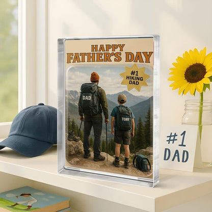 Personalized Father’s Day Gift – Hiking Dad Acrylic Block with Mountain Scene – Custom Keepsake for Outdoor-Loving Father and Son Adventure