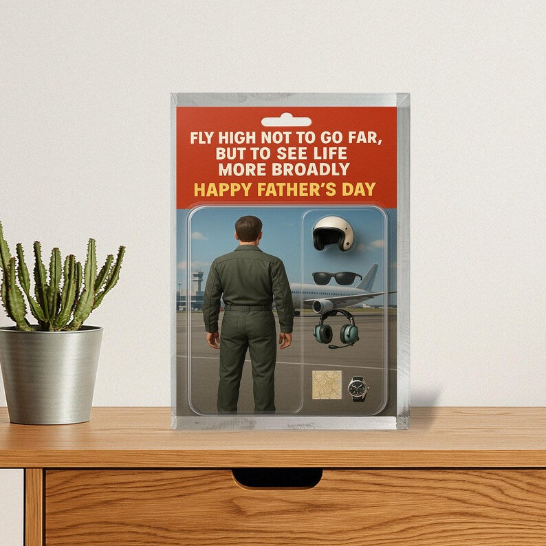 Personalized Pilot Dad Acrylic Block – Father’s Day Gift for Aviator | Custom Flight Suit Display with Helmet, Map & Airport-Themed Keepsake