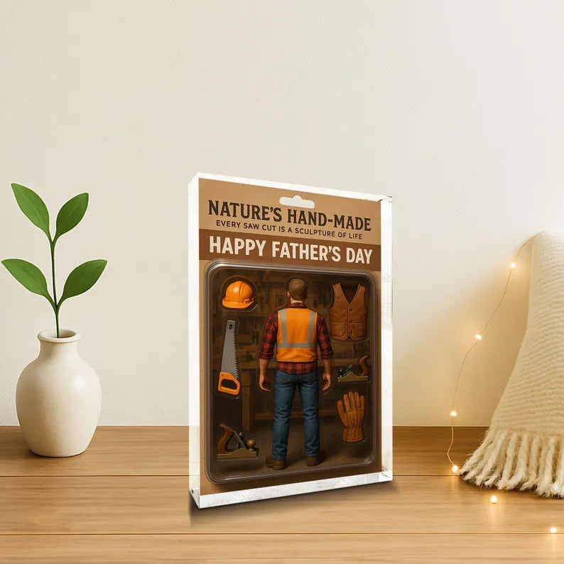 Personalized Woodworker Dad Acrylic Block–Father’s Day Gift for Carpenter | Custom Saw & Tool Display Keepsake for Nature’s Handmade Builder