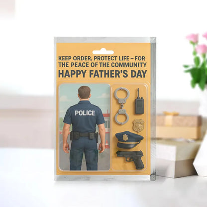 Personalized Police Dad Acrylic Block – Father’s Day Gift for Law Enforcement Heroes | Custom Badges, Hats & Duty Gear Displays for Police