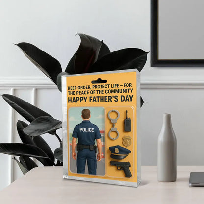 Personalized Police Dad Acrylic Block – Father’s Day Gift for Law Enforcement Heroes | Custom Badges, Hats & Duty Gear Displays for Police