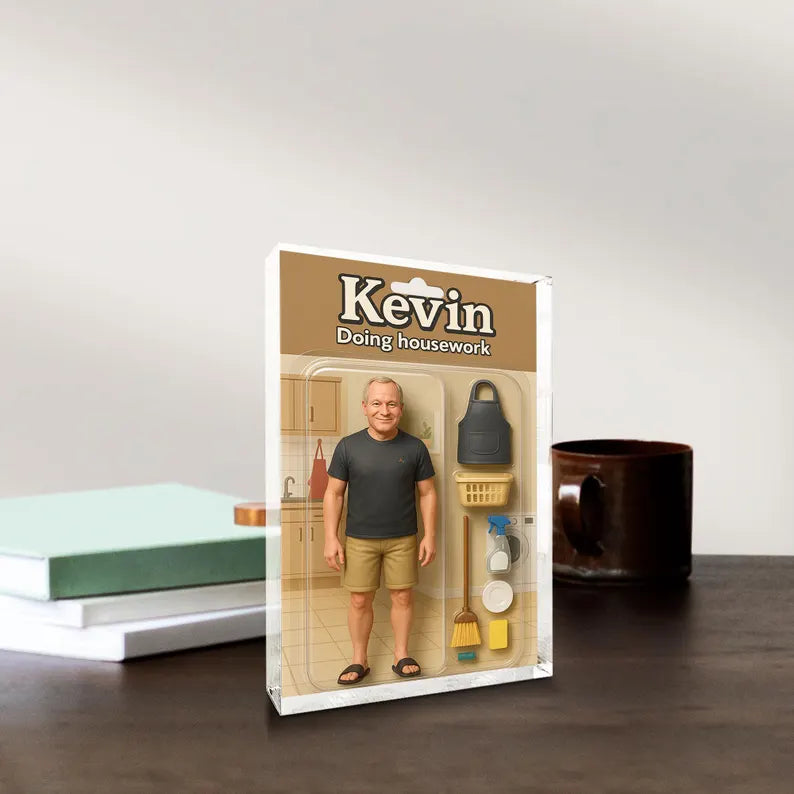 Personalized Funny Gift for Dad or Husband –Custom Acrylic Block with Name – Doing Housework Figurine – Unique Father’s Day or Birthday Gift