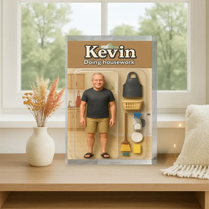 Personalized Funny Gift for Dad or Husband –Custom Acrylic Block with Name – Doing Housework Figurine – Unique Father’s Day or Birthday Gift