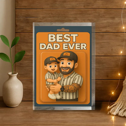 Personalized Best Dad Ever Acrylic Block –Unique Gift for Dad Featuring a Dad and Child Figurine in Matching Outfits, Celebrating Fatherhood