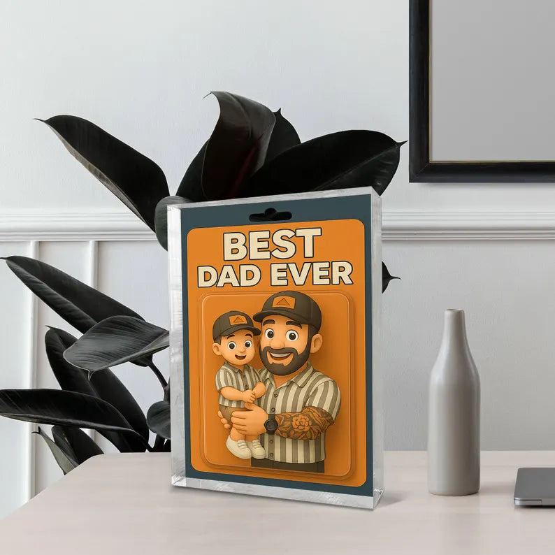 Personalized Best Dad Ever Acrylic Block –Unique Gift for Dad Featuring a Dad and Child Figurine in Matching Outfits, Celebrating Fatherhood