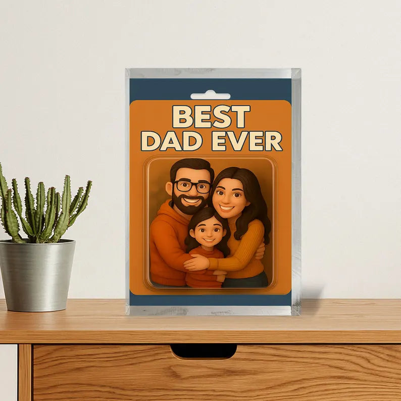 Personalized heartfelt ‘Best Dad Ever’ acrylic block featuring a warm family embrace—perfect gift for Father’s Day or any special occasion