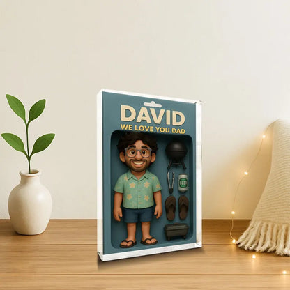 Personalized Best Dad Acrylic Block – Cute Summer Figurine with BBQ Grill, Beer, Flip Flops – Father's Day Gift from Kids or Family