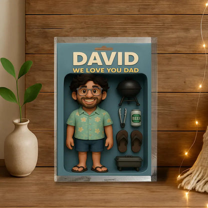 Personalized Best Dad Acrylic Block – Cute Summer Figurine with BBQ Grill, Beer, Flip Flops – Father's Day Gift from Kids or Family