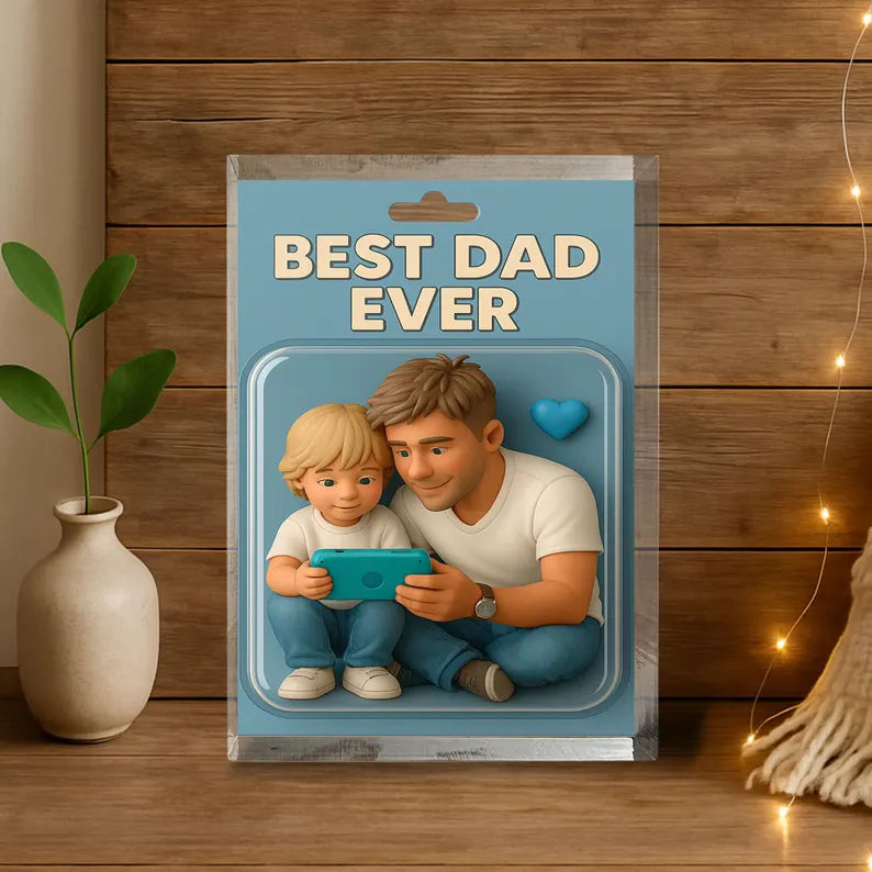 Personalized Acrylic Block Gift for Dad – Best Dad Ever with Father & Child Art – Unique Father’s Day or Birthday Present for Him