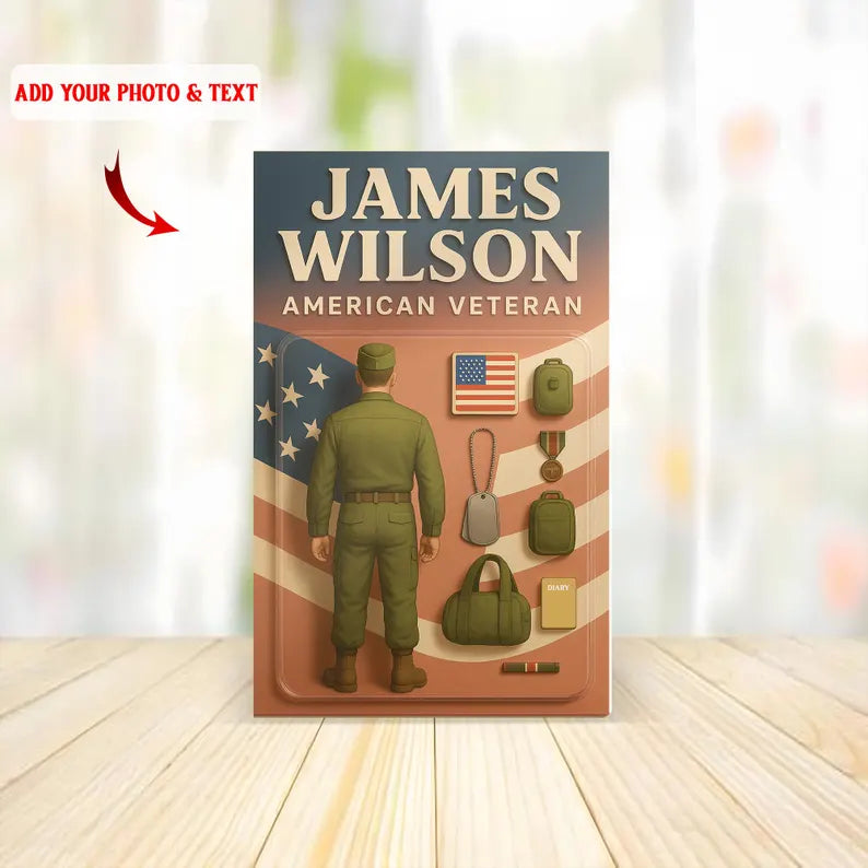 Personalized American Veteran Acrylic Block – Custom Tribute to Military Service with Soldier Silhouette, Flag, Medals, and Army Gear