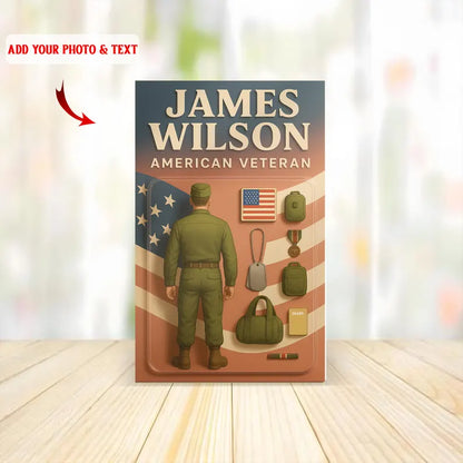 Personalized American Veteran Acrylic Block – Custom Tribute to Military Service with Soldier Silhouette, Flag, Medals, and Army Gear