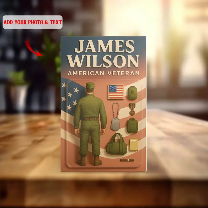 Personalized American Veteran Acrylic Block – Custom Tribute to Military Service with Soldier Silhouette, Flag, Medals, and Army Gear