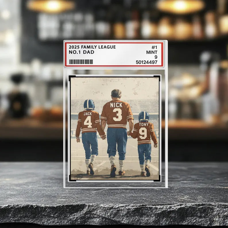 Football No. 1 Dad Grandpa Man & Kids Trading Card Style Custom Acrylic Block Plaque, Birthday, Fathers Day Gift For American Football Lover