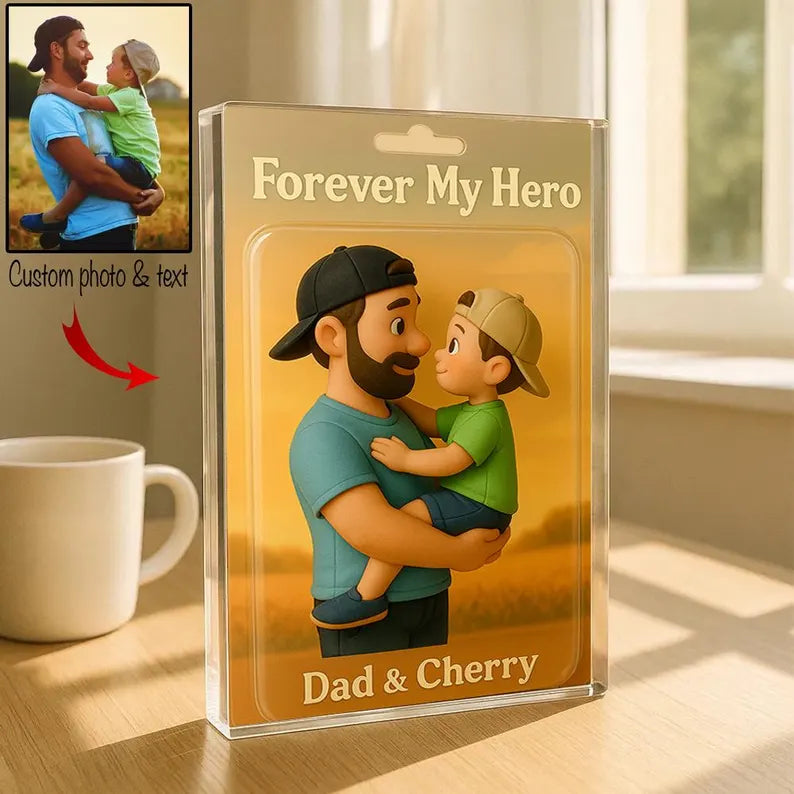 Personalized Photo Dad And Kids Action Figure Acrylic Block, Best Dad Ever Block Plaque, Custom Father's Day Gift For Dad, Gift For Husband