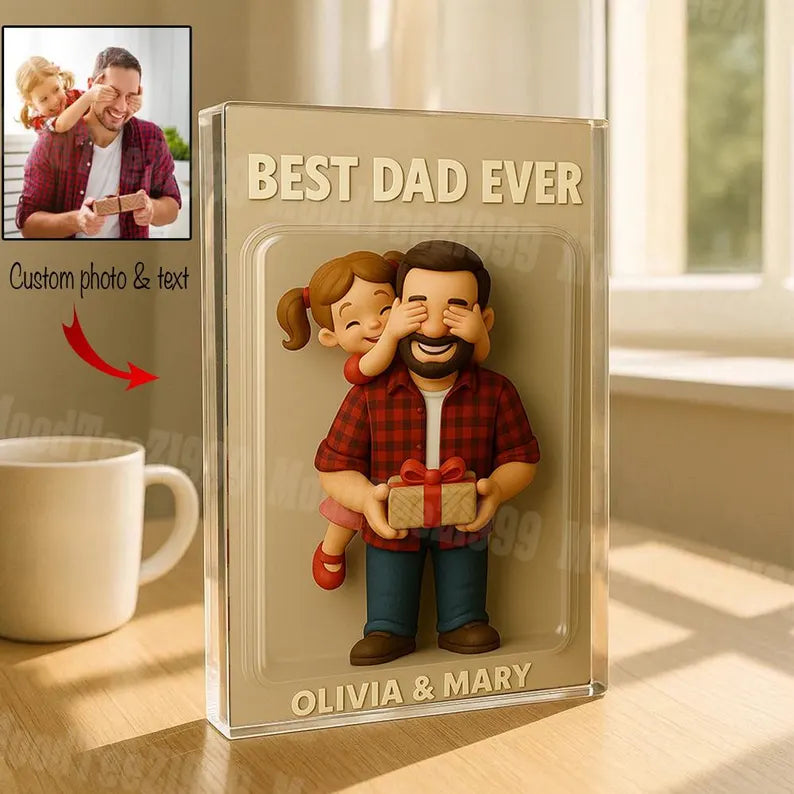 Personalized Photo Dad And Kids Action Figure Acrylic Block, Best Dad Ever Block Plaque, Custom Father's Day Gift For Dad, Gift For Husband