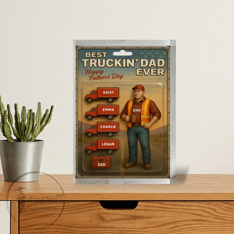 Best Truckin' Dad Ever – Personalized Father's Day Acrylic Block with Kid Names & Trucks, Custom Gift for Trucker Dad from Children