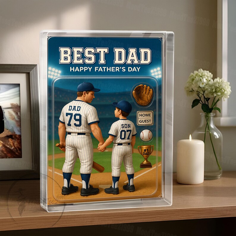 Baseball Dad Grandpa Man & Kids Trading Card Style Personalized Acrylic Block Plaque, Father's Day Gift for Baseball Dad, Husband 01