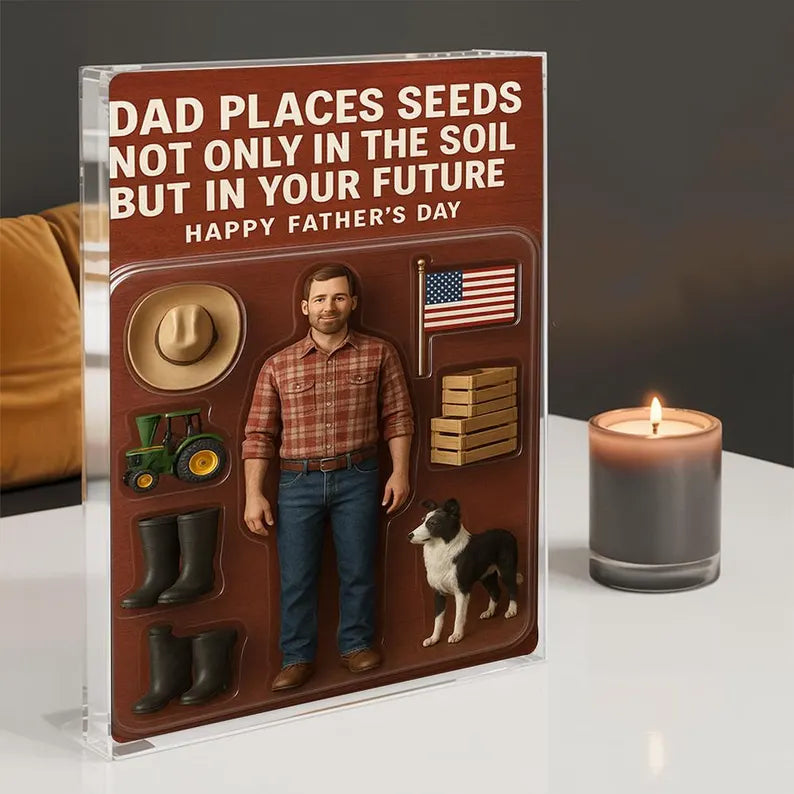 Farmer Dad Acrylic Block Gift – Custom Father’s Day Keepsake with Tractor, Dog, Boots & Hat, Rustic Personalized Gift for Country Dad