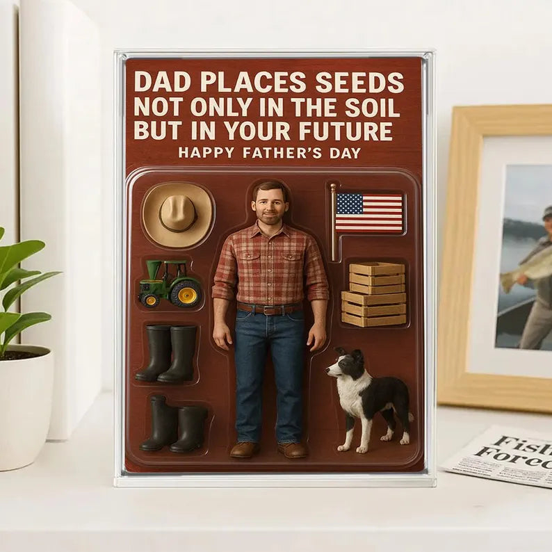 Farmer Dad Acrylic Block Gift – Custom Father’s Day Keepsake with Tractor, Dog, Boots & Hat, Rustic Personalized Gift for Country Dad