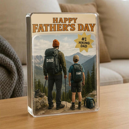 Personalized Father’s Day Gift – Hiking Dad Acrylic Block with Mountain Scene – Custom Keepsake for Outdoor-Loving Father and Son Adventure