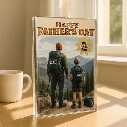 Personalized Father’s Day Gift – Hiking Dad Acrylic Block with Mountain Scene – Custom Keepsake for Outdoor-Loving Father and Son Adventure