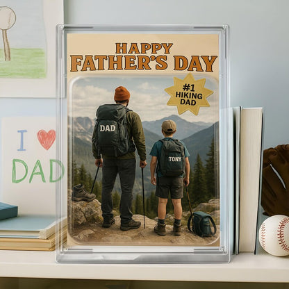 Personalized Father’s Day Gift – Hiking Dad Acrylic Block with Mountain Scene – Custom Keepsake for Outdoor-Loving Father and Son Adventure