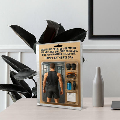 Personalized Fitness Dad Acrylic Block – Father’s Day Gift for Gym Lover | Custom Workout Display with Gloves, Planner, Bands & Water Bottle