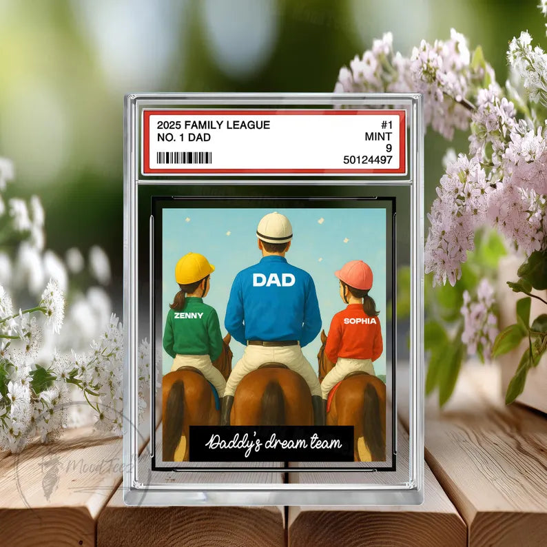 Horse Racing Daddy's Dream Team No. 1 Dad Man & Kids Trading Card Style Personalized Acrylic Block, Horse Racing Gift, Father's Day Plaque