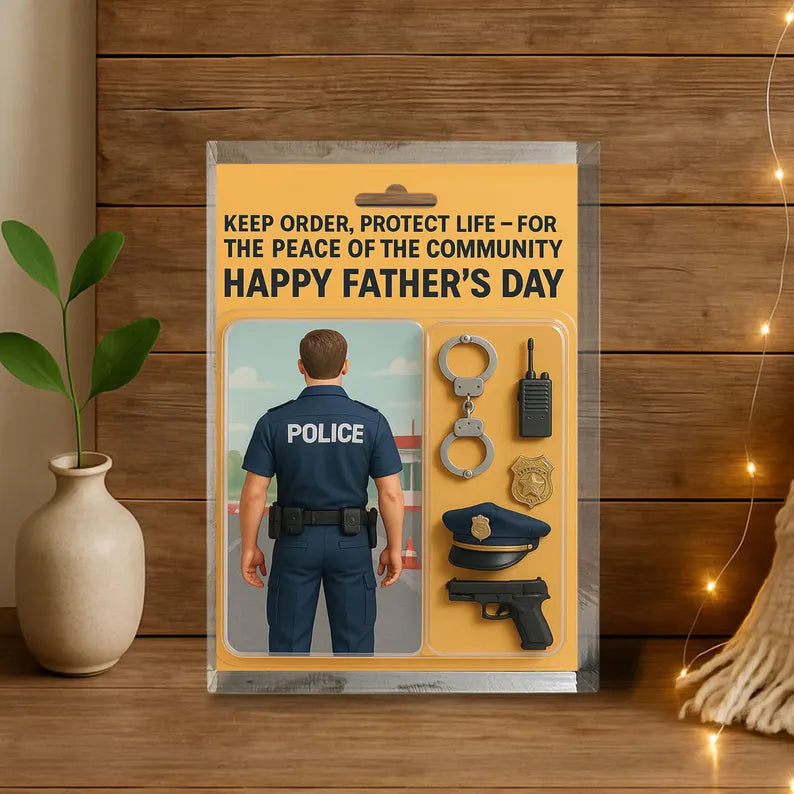 Personalized Police Dad Acrylic Block – Father’s Day Gift for Law Enforcement Heroes | Custom Badges, Hats & Duty Gear Displays for Police