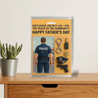 Personalized Police Dad Acrylic Block – Father’s Day Gift for Law Enforcement Heroes | Custom Badges, Hats & Duty Gear Displays for Police