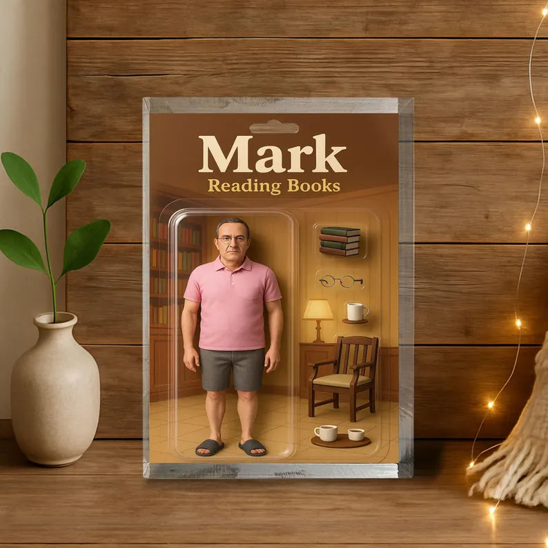 Personalized Gift for Book-Loving Dad or Grandpa – Custom Acrylic Block with Name – Reading Books Figurine – Father’s Day or Birthday Gift