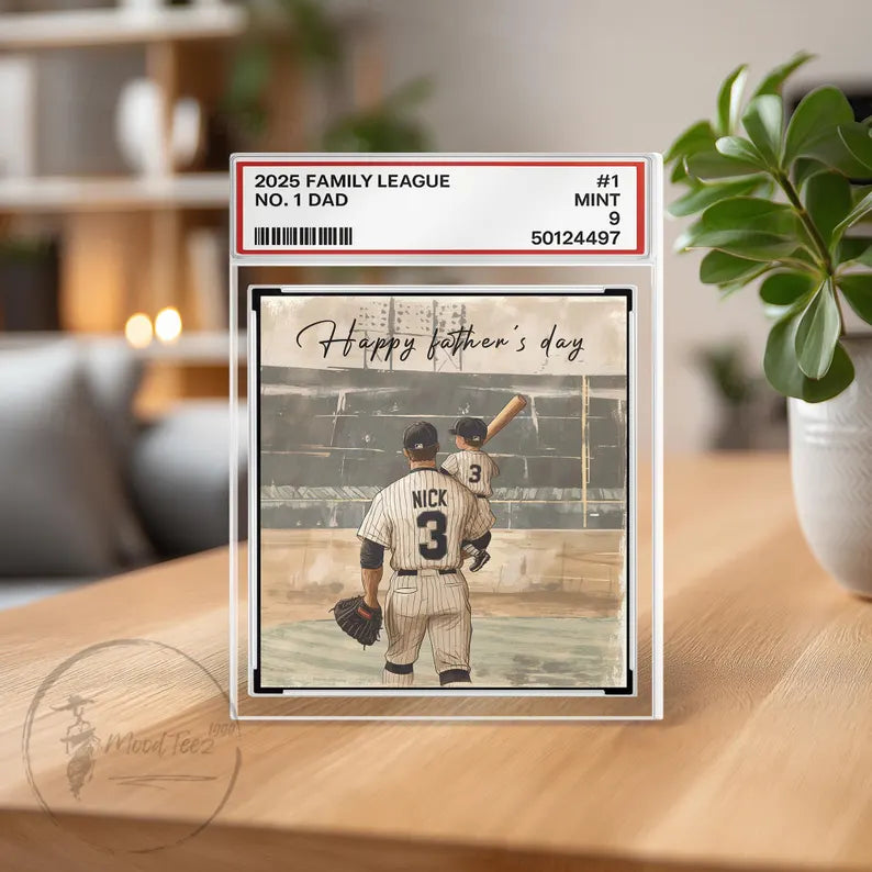 Baseball No. 1 Dad Grandpa Man & Kids Trading Card Style Personalized Acrylic Block Plaque, Father's Day Gift for Baseball Dad, Husband