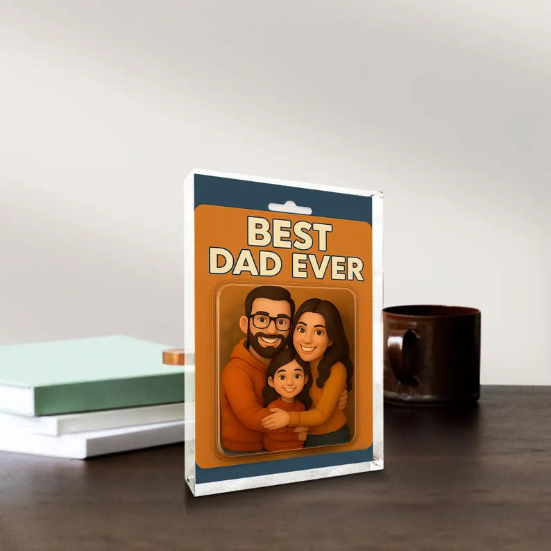 Personalized heartfelt ‘Best Dad Ever’ acrylic block featuring a warm family embrace—perfect gift for Father’s Day or any special occasion