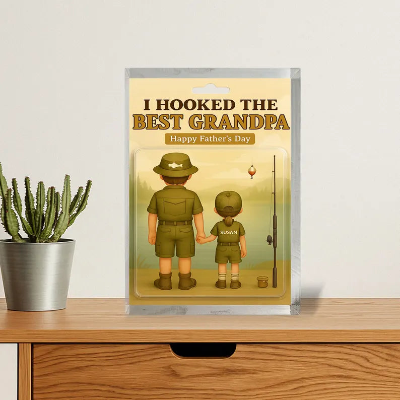 Personalized Father’s Day acrylic block: Celebrate with ‘I Hooked the Best Grandpa’ — a perfect gift honoring grandpa’s love