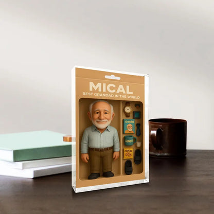 Personalized Acrylic Block - 'Best Grandad in the World' Figurine with Accessories, Perfect Gift to Celebrate Your Beloved Grandfather