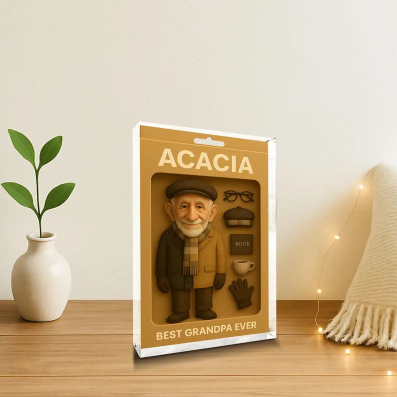Personalized Best Grandpa Ever Acrylic Block – Cute Figurine with Book, Hat, Mug – Unique Gift for Grandpa, Father’s Day Decor