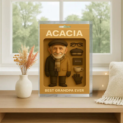 Personalized Best Grandpa Ever Acrylic Block – Cute Figurine with Book, Hat, Mug – Unique Gift for Grandpa, Father’s Day Decor