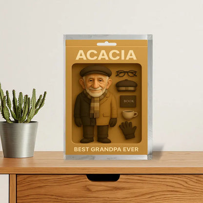 Personalized Best Grandpa Ever Acrylic Block – Cute Figurine with Book, Hat, Mug – Unique Gift for Grandpa, Father’s Day Decor