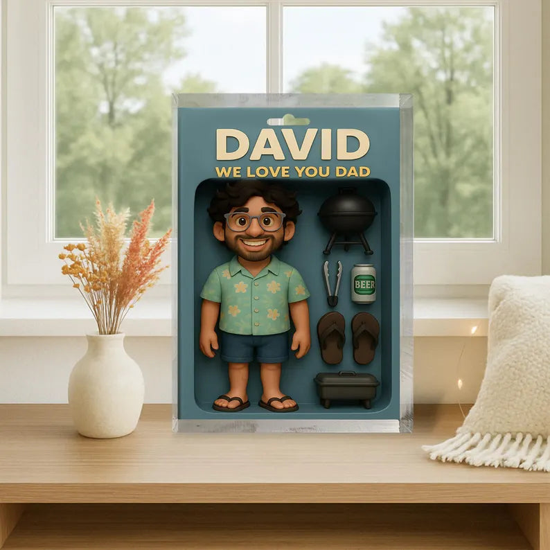 Personalized Best Dad Acrylic Block – Cute Summer Figurine with BBQ Grill, Beer, Flip Flops – Father's Day Gift from Kids or Family