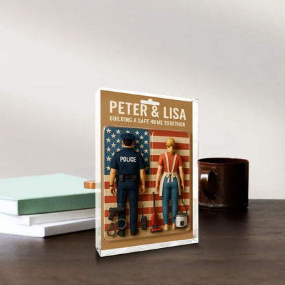 Personalized Couple Acrylic Block – Police Officer & Homemaker Duo – Building a Safe Home Together – Unique Gift for Heroic Partnerships