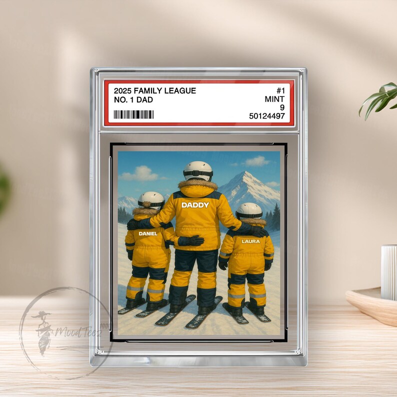 Personalized No.1 Dad Man & Kids Trading Card Style Plaque, Custom Skiing Dad Acrylic Block, Father's Day Gifts, Skiing Daddy's Dream Team