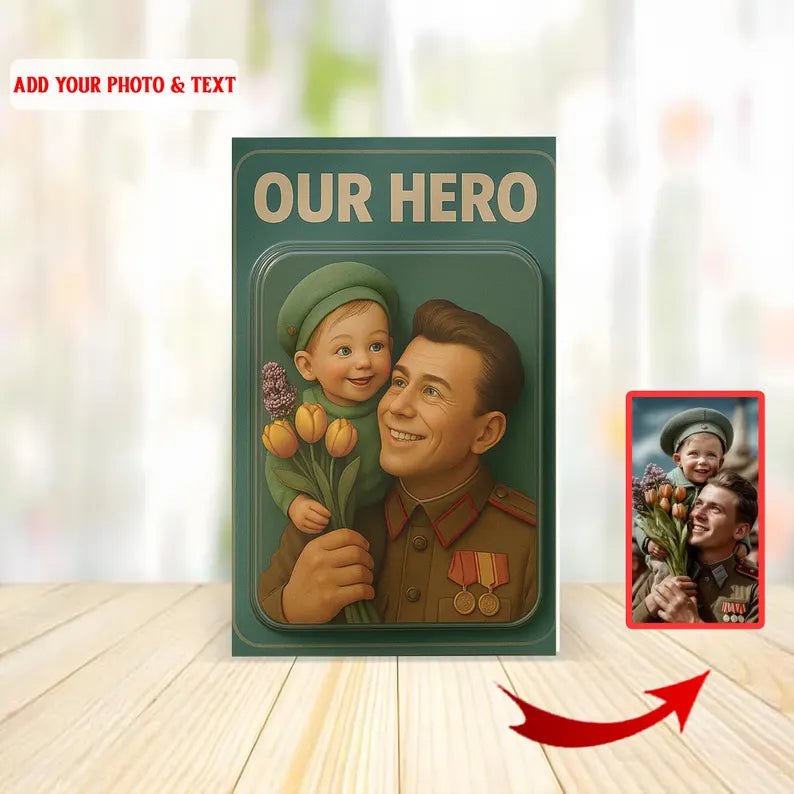 Personalized Our Hero Acrylic Block – Custom Military Dad and Child Scene – Unique Gift for Veteran, Soldier, or Heroic Father Figure