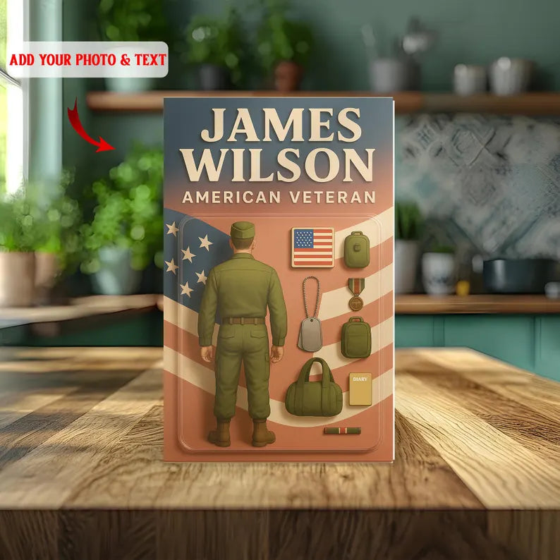 Personalized American Veteran Acrylic Block – Custom Tribute to Military Service with Soldier Silhouette, Flag, Medals, and Army Gear