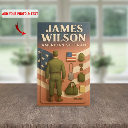 Personalized American Veteran Acrylic Block – Custom Tribute to Military Service with Soldier Silhouette, Flag, Medals, and Army Gear